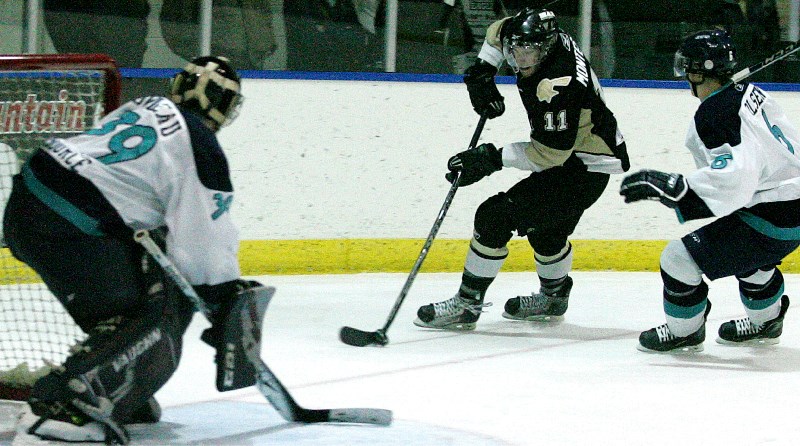 Pontiacs forward Matt Montesano cuts hard towards the net during Sunday&#8217;s wild, back and forth affair in Canmore.