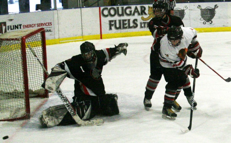 The Bonnyville Pontiacs goalie makes a big save in their semi-final win over Beaumont. Bonnyville placed second in the midget tournament that took place over the weeekend at