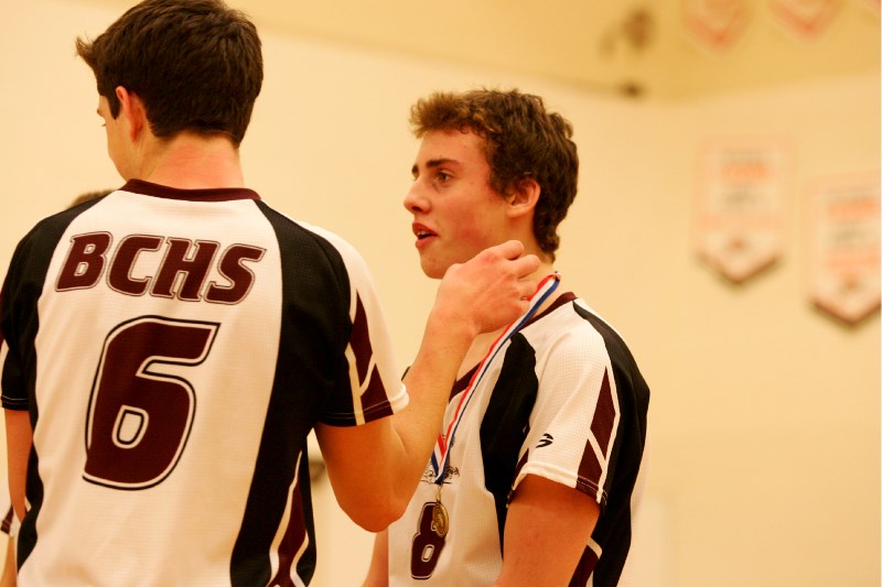 Colby Bowers (left) and Darren Gaulin of BCHS boys senior volleyball team. The team won the zone and will go on to provincials.