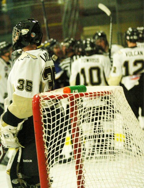 Julien Laplante keeps his cool in net while Pontiacs players sort out differences with the Oil Barons on Nov. 16.