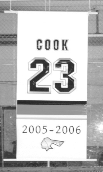 The jersey of former Pontiac Matt Cook is raised to the rafters of the R.J. Lalonde Arena, as part of the celebration of Matt Cook Night Dec. 15.