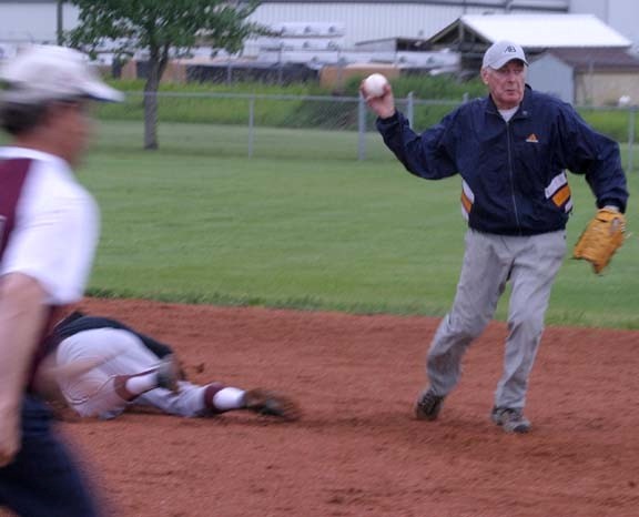 Sid Smith with Bonnyville team #2 tags out a Vermilion player during a match on July 16 for the Lakeland Senior Games at Peter Kushnir Ball Park.