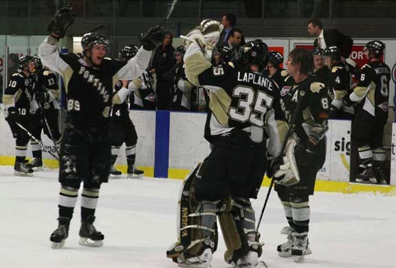 Pontiacs Ty Carey, Julien Laplante and Devon Kalinski celebrate Friday&#8217;s win, after a hard fought battle with the Grande Prairie Storm. The Pontiacs swept the two games 