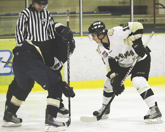 Pontiacs forward Ryan Kearns bears down for the offensive zone faceoff. The Pontiacs fell to the Saints 4-1 on Wednesday in Spruce Grove.