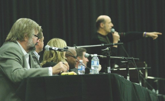 Cabinet ministers answer questions from the floor at the Flint Field House on Feb. 15. From left: Ray Danyluk (Infrastructure), Len Webber (Aboriginal Relations), Cindy Ady