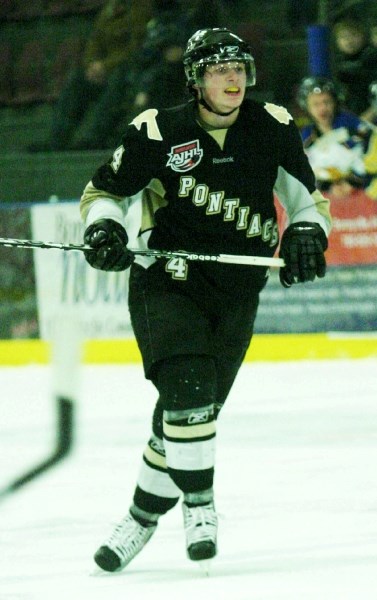 Pontiacs defenceman Donnie Harris mans the point during the Pontiacs Feb. 4 game against the Fort McMurray Oil Barons.