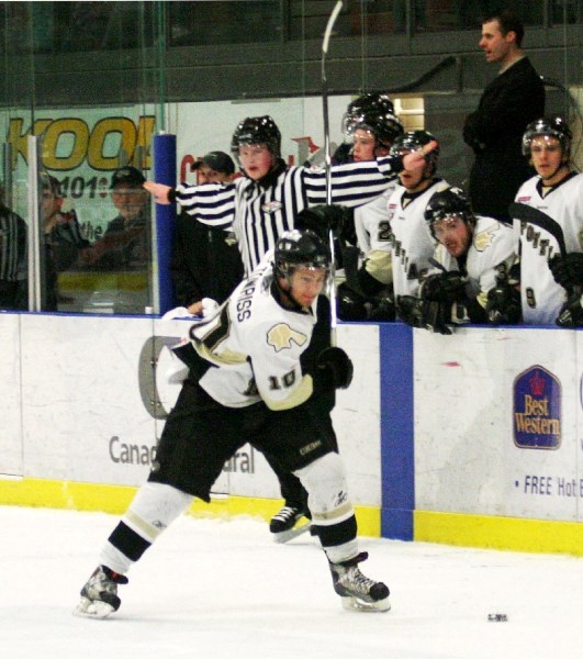 Pontiacs forward Jake Towriss winds up for the slapshot in Thursday&#8217;s game four loss to Fort McMurray. Towriss scored the Pontiacs&#8217; first goal of the game, but it 