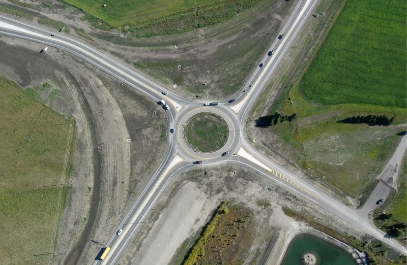 This is an aerial view of a roundabout located west of Calgary near Bragg Creek on Highways 22 and 8.