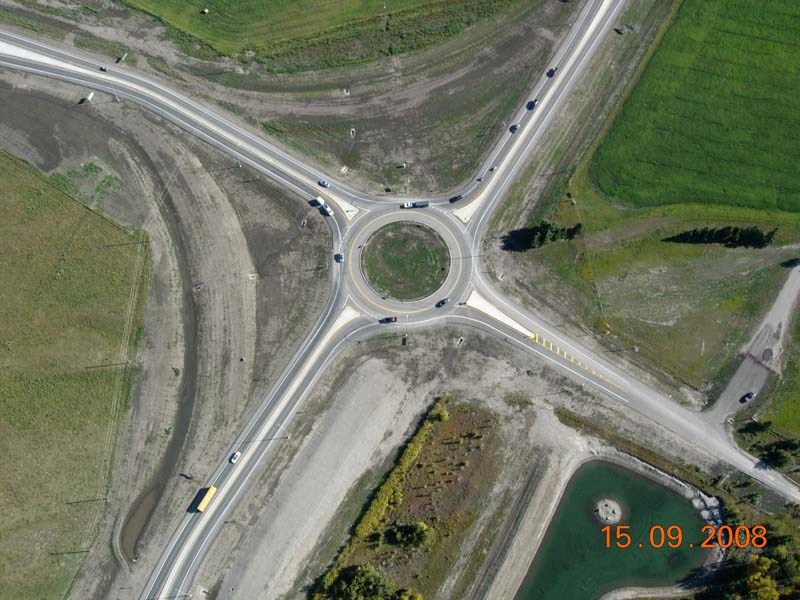 An aerial photo of a roundabout located west of Calgary near Bragg Creek on Highway 22 and 8.