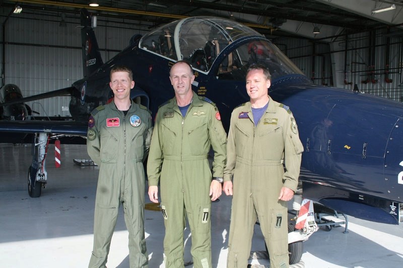 From left: Capt. Jens Lundgreen-Nielsen, Col. David Wheeler, commander of 4 Wing Cold Lake and Lt.-Col Lee Vogan stand in front of a CT-155 Hawk fighter jet at 419 Squadron