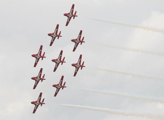 The snowbirds pass in formation over the crowd during the Cold Lake Air Show June 18.