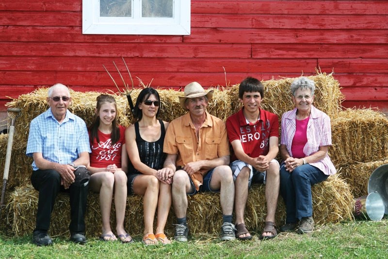 Former and current residents of the Nadeau family homestead pose for a photo during the 100-year celebration of the family&#8217;s arrival in Bonnyville. From left: Lucien,