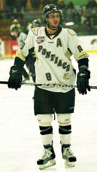 Former Pontiacs forward Devon Kalinski prepares for a faceoff during a game last season. Kalinski recently committed to attend the University of Lethbridge this fall.