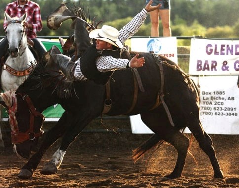 A cowboy goes on a wild ride during the rodeo Friday.
