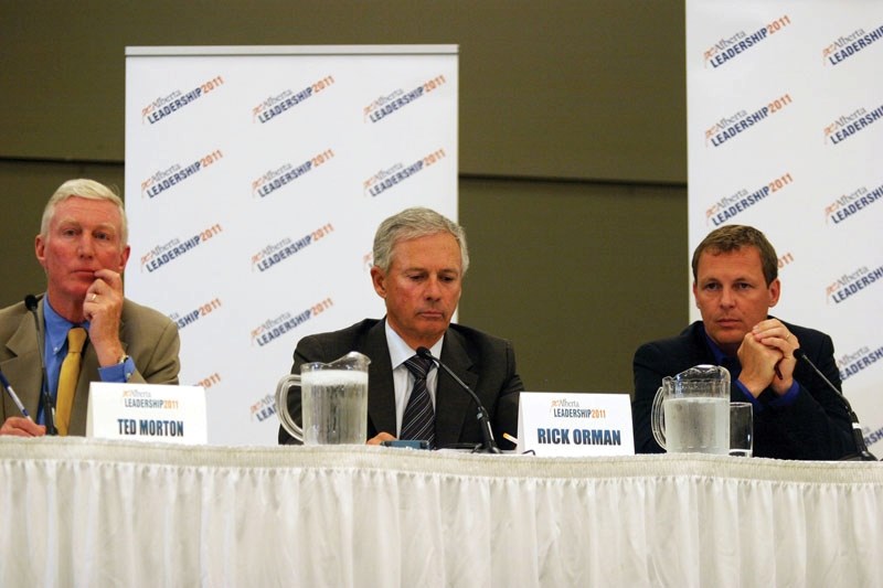 From left: Pictured are Ted Morton, Rick Orman and Doug Griffiths during the all-candidates forum in Vermilion last month.