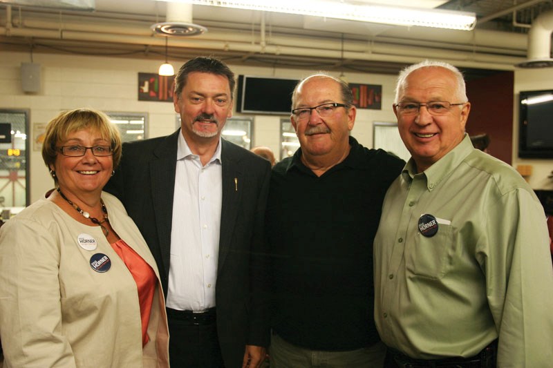 From left: MLA for Bonnyville &#8211; Cold Lake Genia Leskiw, PC leadership candidate Doug Horner, Town of Bonnyville Coun. Jim Cheverie, and MD of Bonnyville Reeve Ed