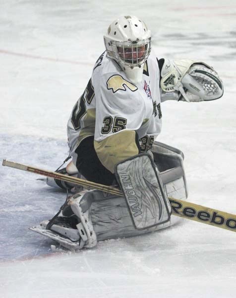 Bonnyville Jr. A Pontiacs goalie, 17-year-old Curtis Honey, makes one of his many saves during Friday&#8217;s 4-0 win over the Drumheller Dragons. The shutout was