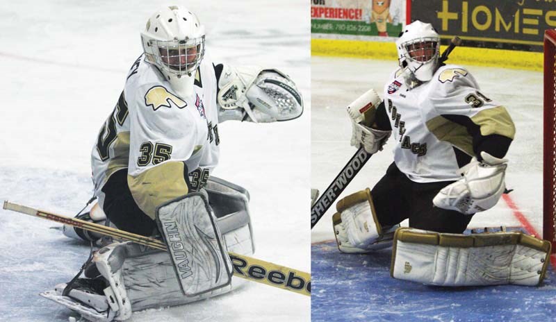 Pontiacs goalies Curtis Honey (left) and Dylan Wells have split playing time down the middle so far this season and have had success doing so, with 6-3 and 7-2 records