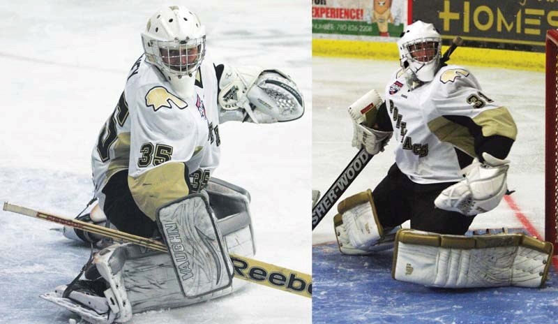 Pontiacs goalies Curtis Honey (left) and Dylan Wells will have some competition in net during Friday&#8217;s practice, as local Nouvelle reporter Brandon MacLeod will man the 