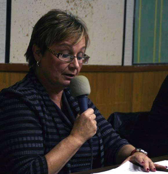 Genia Leskiw speaks at the forum this week where she and challenger Gene Sobolewski debated the issues prior to Saturday&#8217;s vote.