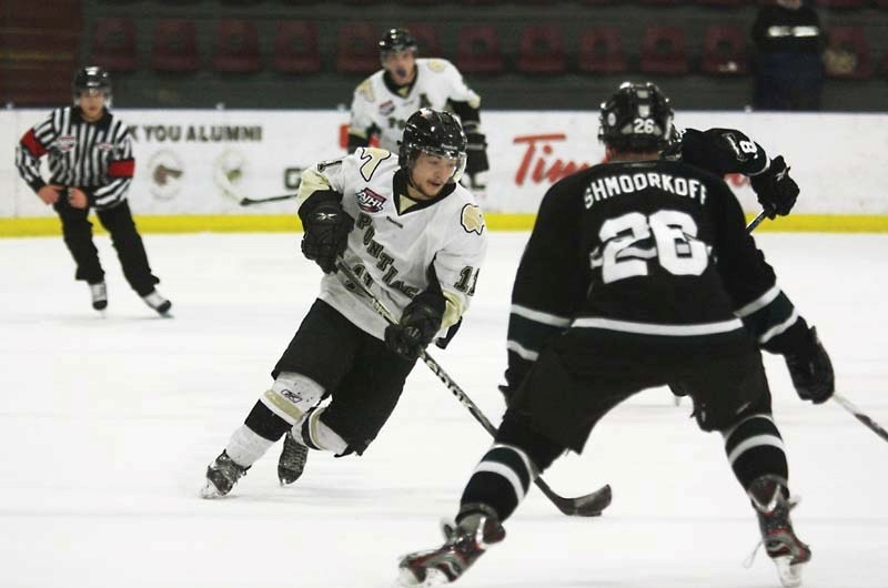 Pontiacs forward Jackson Dudley cuts into the offensive zone, creating one of many scoring chances for Bonnyville, in the game against the Sherwood Park Crusaders last