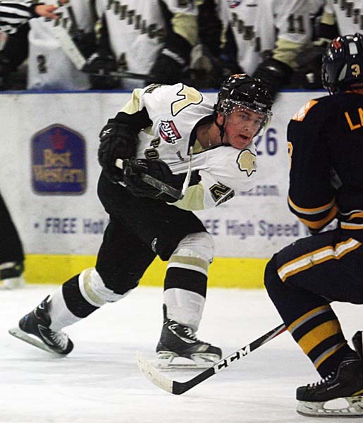 Pontiacs forward Logan Harland rips a shot past the Grande Prairie Storm defender. Harland picked up two goals in Saturday&#8217;s 6-3 win over the Storm.