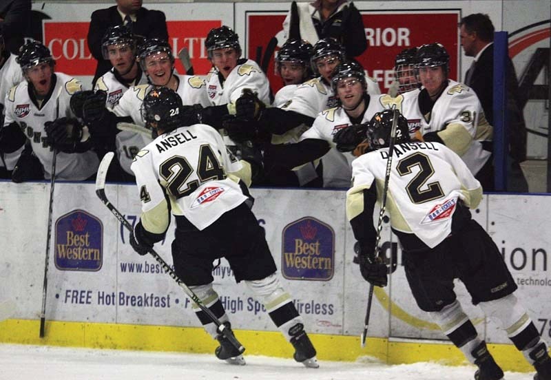 Twins brothers Levi (24) and Dallas (2) Ansell celebrate a goal, after one brother set up the other earlier this season.