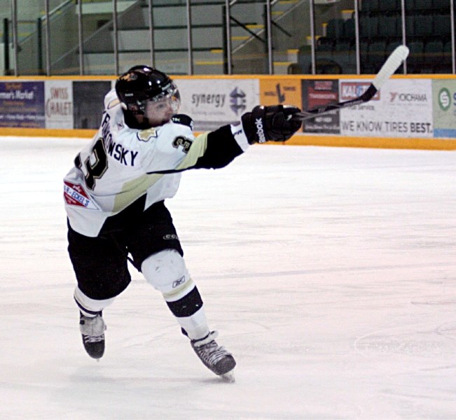 Pontiacs assistant captain Jordon Krankowsky rips a point shot on net during a game in Sherwood Park Jan. 11. Krankowsky scored a goal and added the shootout winner in