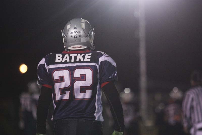 Bonnyville Voyageurs Patrick Batke stands on the field waiting under the lights during the Scott MacDonald Memorial game this past Friday.