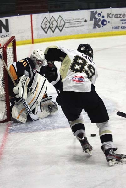 Pontiacs forward Ty Carey took the puck to the net on several occasions Saturday against the Canmore Eagles, but it wasn&#8217;t enough, as the Eagles beat the Pontiacs 5-2