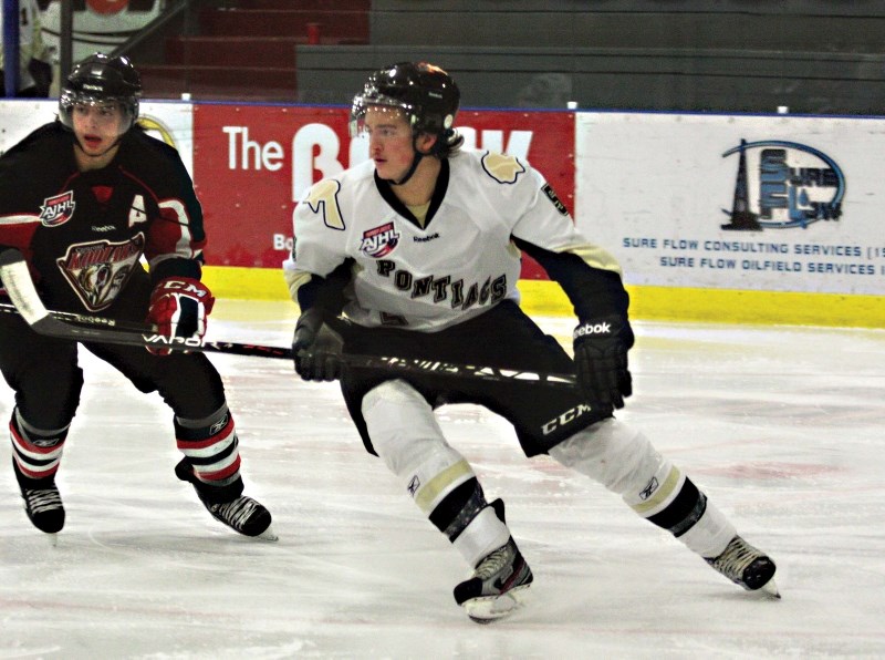 Bonnyville Jr. A Pontiacs defenceman Sean Mostrom scored his first AJHL goal Friday night against the Sherwood Park Crusaders.