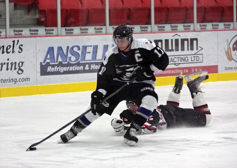 Cold Lake Ice captain Niko Bourget leaves the Lloyd Bandits defenceman sprawled on the ice surface, as Bourget drives to the net during Friday&#8217;s 5-2 win over the