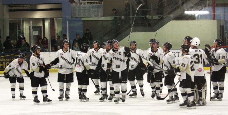 Pontiacs captain Locke Muller leads his teammates in saluting the near-capacity crowd of 1,091 at the RJ Lalonde Arena on Friday, following Bonnyville&#8217;s 2-1 loss to the 