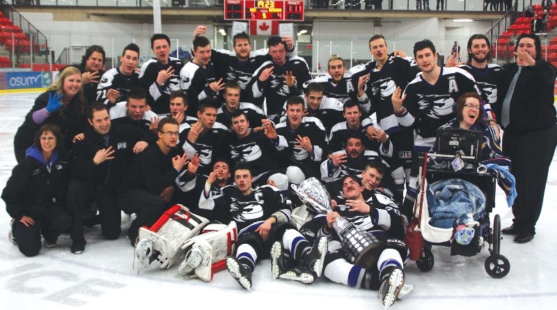 The Cold Lake Jr. B Ice celebrate the team&#8217;s third consecutive league championship, after defeating the Wainwright Bisons in double-overtime 5-4, to take the