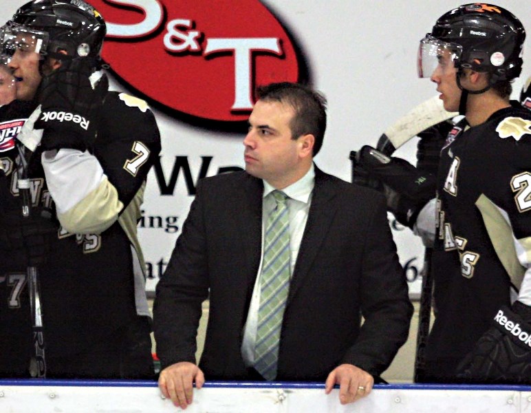 Former head coach and general manager Chad Mercier stares down a referee during a game last season. Mercier resigned from the Bonnyville Jr. A Pontiacs last week after seven