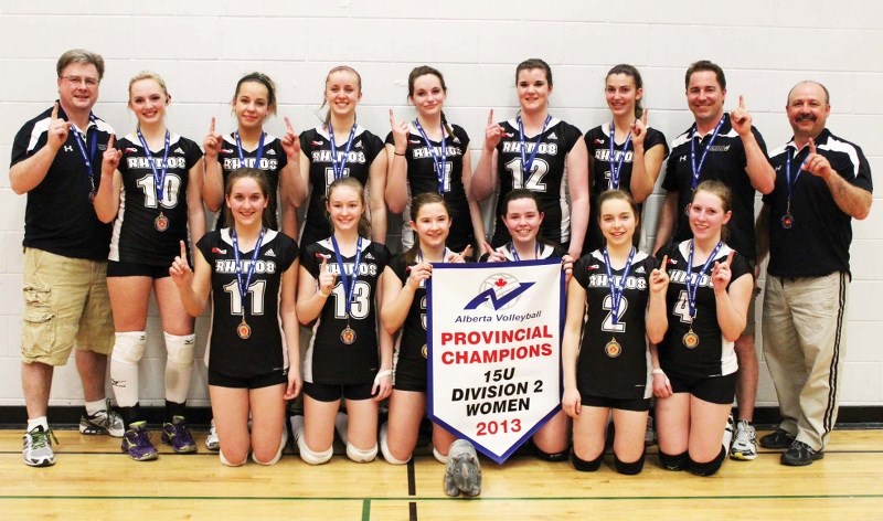 The under-15 Lakeland Rhinos girls volleyball team recently won the Division Two Provincial Championships. (Back row &#8211; left to right) Ron Mattice (asst coach), Karlee