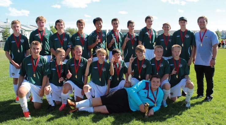 The boys U14 Lakeland Dynamo secured gold at the tier 3 provincial championships in Aidrie Aug. 17 and 18. Pictured from left to right: Back Row &#8211; Cameron Zelisko,
