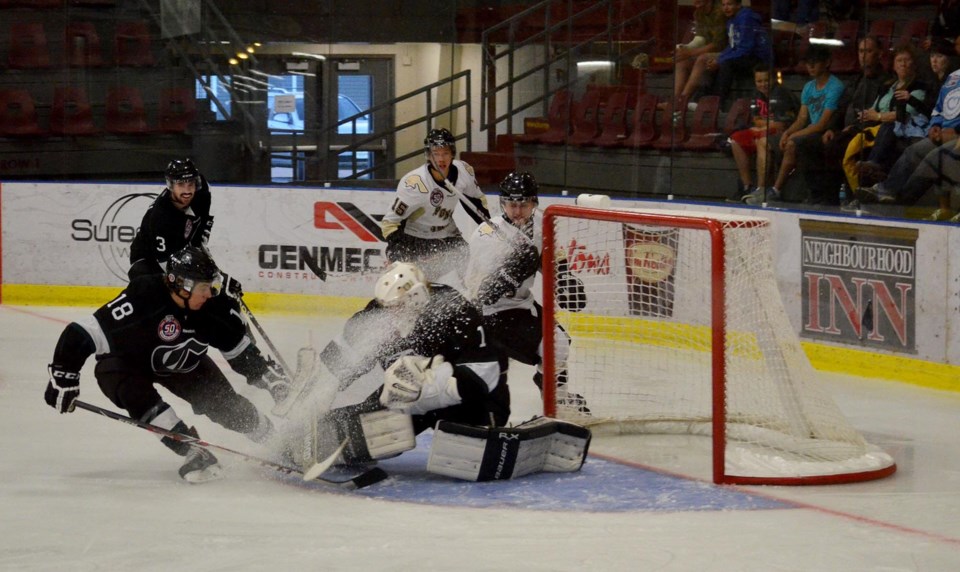 Crusaders forward Connor Kortko snows his goaltender Tommy Nixon in first period action on Sept. 13 at the RJ Lalonde Arena.