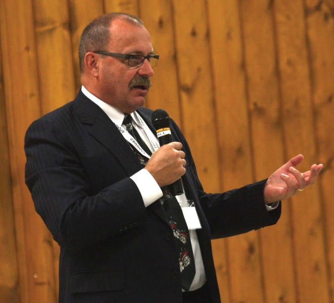 Minister of Transportation Ric McIver addressed the crowd at Genia Leskiw&#8217;s fundraising event, held at the RCMP Hall in Glendon last Wednesday.
