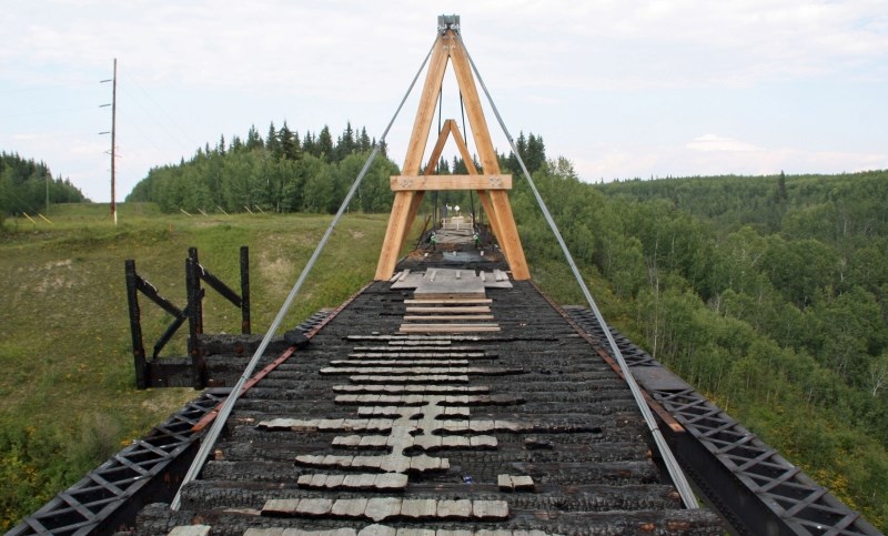 The still charred north portion of the Beaver River Trestle, along the Iron Horse Trail was stabilized earlier this year. North East Muni-Corr, the trail&#8217;s operator