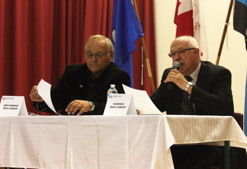 MD of Bonnyville reeve candidates Erwin Thompson (left) and incumbent Ed Rondeau take part in the candidates forum at Dr. Brosseau School in Bonnyville on Oct. 9. Both