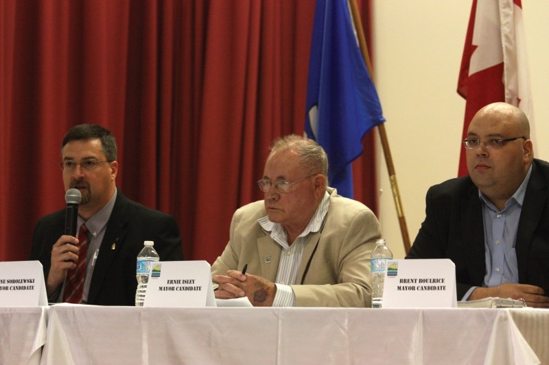 Town of Bonnyville mayoral candidates Gene Sobolewski (left), incumbant Ernie Isley (centre) and Brent Boulrice participate in the candidates forum at Dr. Brosseau School on