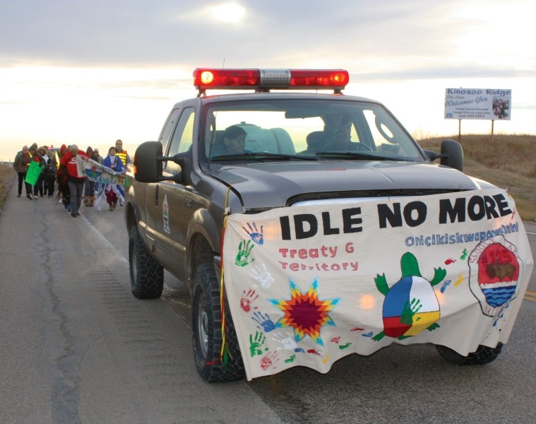 More than 30 people, including members of Cold Lake First Nations and Saddle Lake Cree Nation, took part in an Idle No More protest walk from Cold Lake First Nations, through 