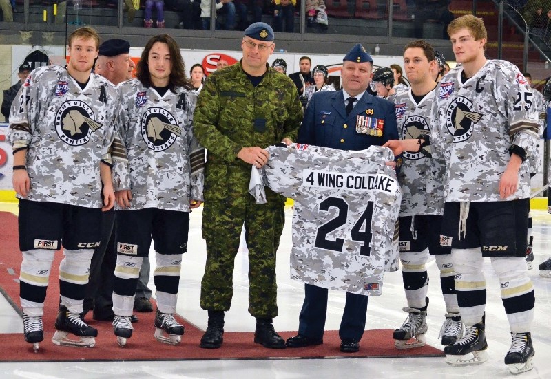 The Bonnyville Jr. A Pontiacs held their annual tribute game on Saturday night honouring the military. Pontiacs (from left) Dallas Mortensen, Jackson Dudley, Redford Swan and 