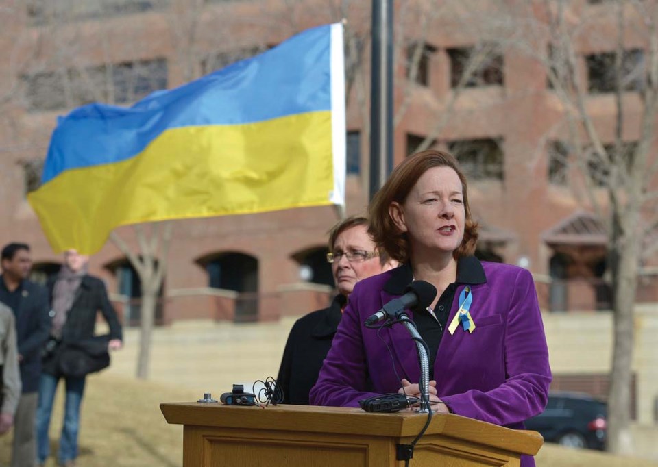 The now-former premier Alison Redford spoke at a flag raising ceremony in support of the people of Ukraine and their government at the Alberta Legislature less than two weeks 
