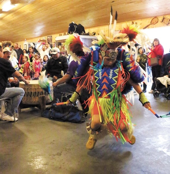 Carsen Favel of Cold Lake performs the traditional fancy dance, along with drummers from Goodfish Lake, at this year&#8217;s National Aboriginal Day celebrations in