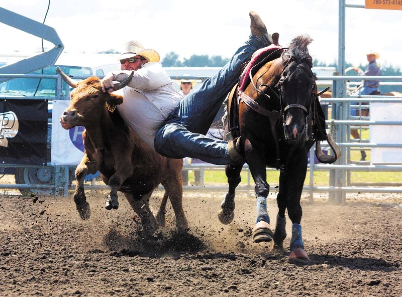 Taking down the steer by any means necessary. The Bonnyville Pro Rodeo and World Pro Chuckwagon championships took over the town last Thursday through Sunday.