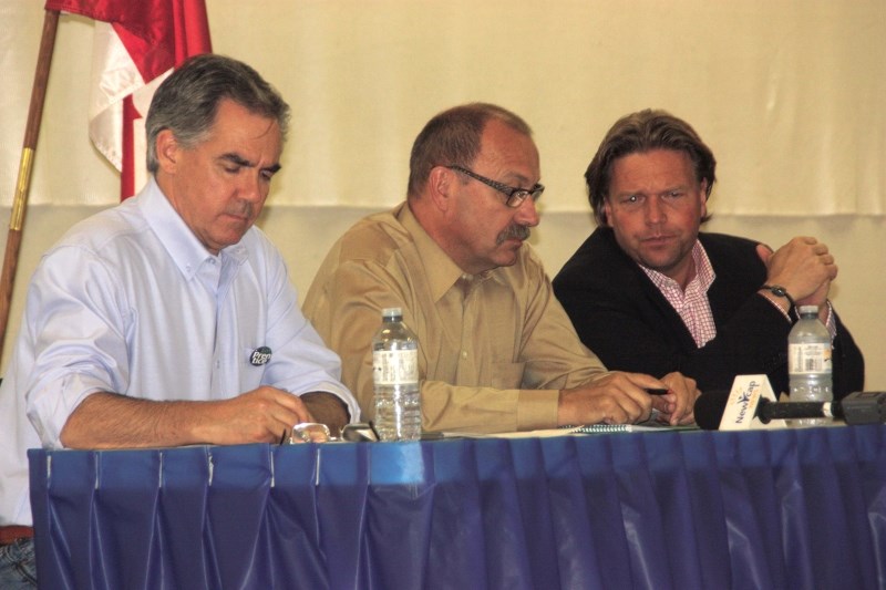 Jim Prentice (near), in Bonnyville last month for an open forum, was elected as leader of the Prgressive Conservative Party on Saturday.