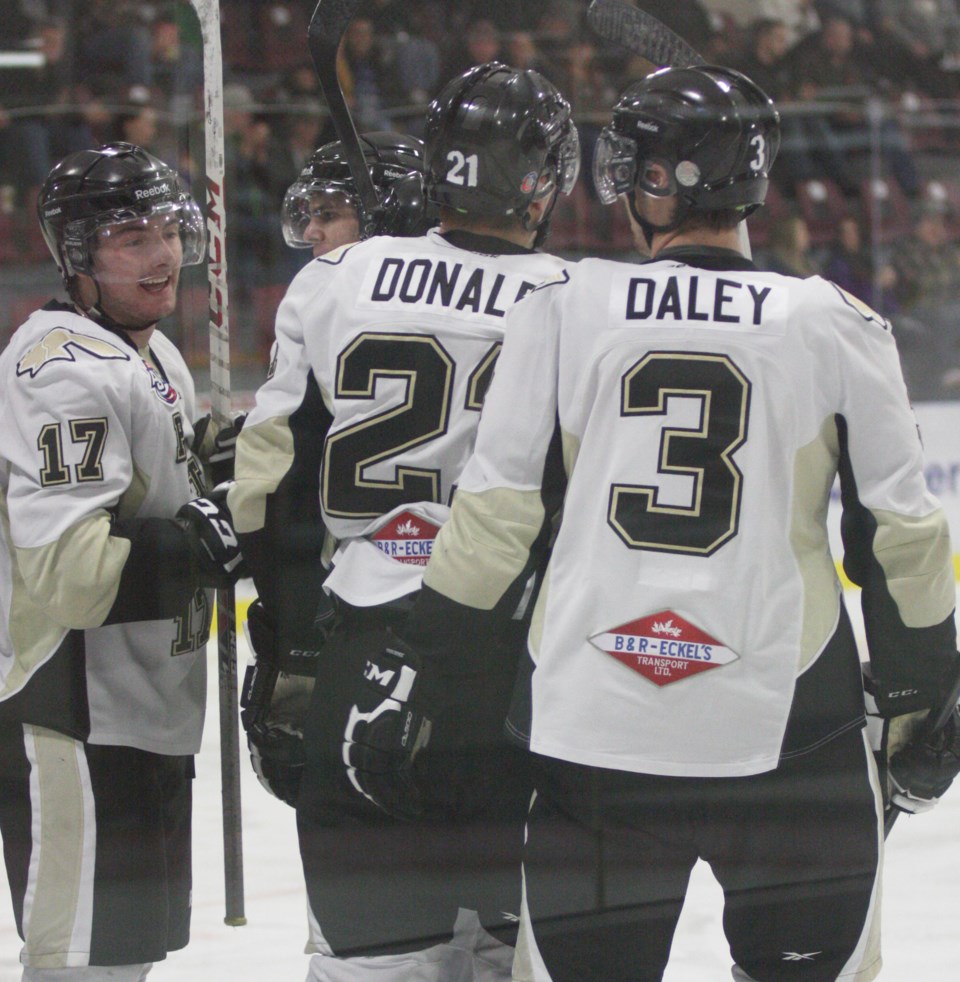 Bonnyville&#8217;s Mitch Fritz (17) celebrates with his teammates after scoring on Oct. 14 against Whitecourt. The goal held up to be the game winner in a 2-1 Pontiacs