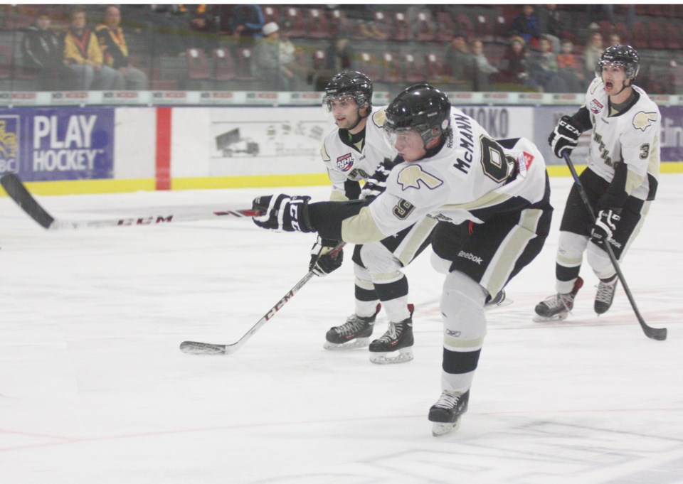 Bonnyville&#8217;s Bobby McMann fires one of the Pontiacs 35 shots on goal during a 2-1 loss to the visiting Sherwood Park Crusaders. The Pontiacs out shot the Crusaders